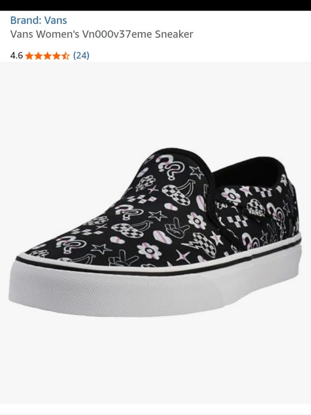 NWOB: VANS; WOMENS IRIDESCENT DOODLE BLACK & PINK SLIP-ON SNEAKERS, SZ: 5 1/2 US